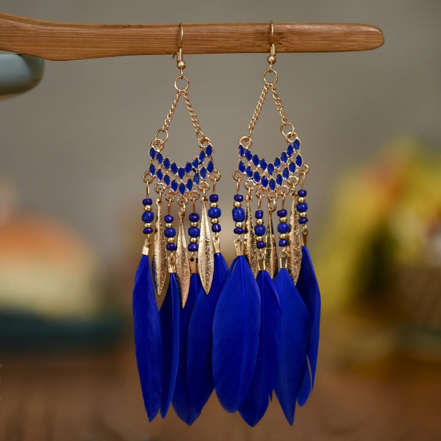 Bohemian Feather Dangle Earrings Long Tassel Colorful Beads