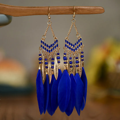 Bohemian Feather Dangle Earrings Long Tassel Colorful Beads