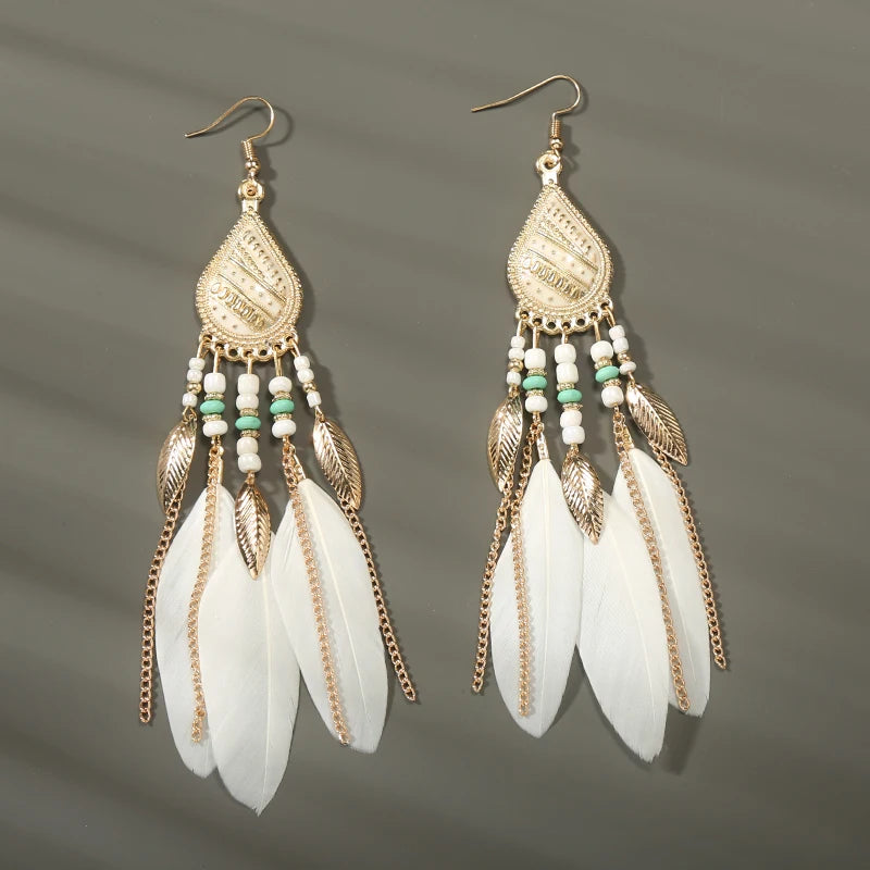 Boho Long Feather Tassel Earrings with Beads & Enamel