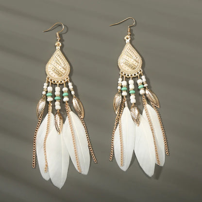 Boho Long Feather Tassel Earrings with Beads & Enamel