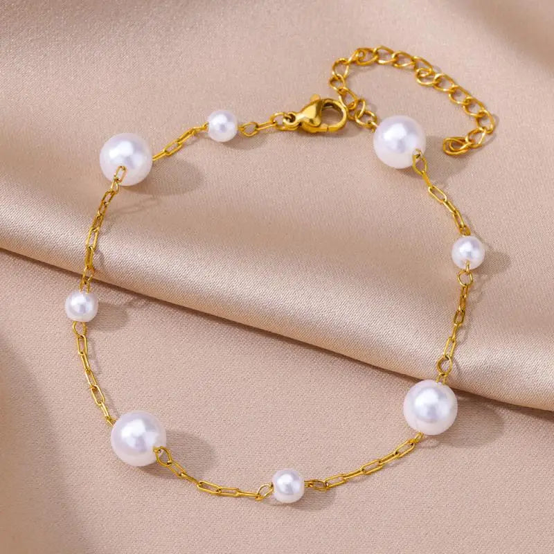 Gold Stainless Steel Imitation Pearl Anklet – Summer Beach Jewelry