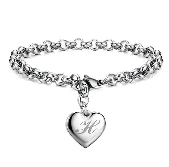 925 Sterling Silver Heart Letter Charm Bracelet for Women