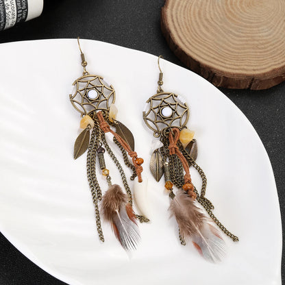 Vintage Boho Feather Tassel Earrings & Leaf Pendant Necklace