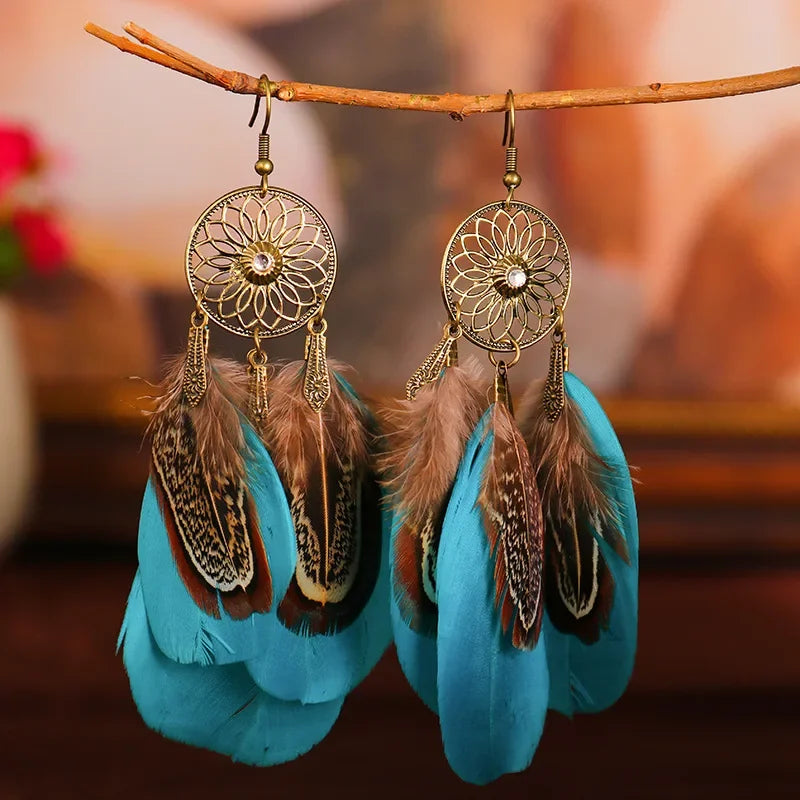 Bohemian Vintage Carved Leaf Feather Tassel Earrings