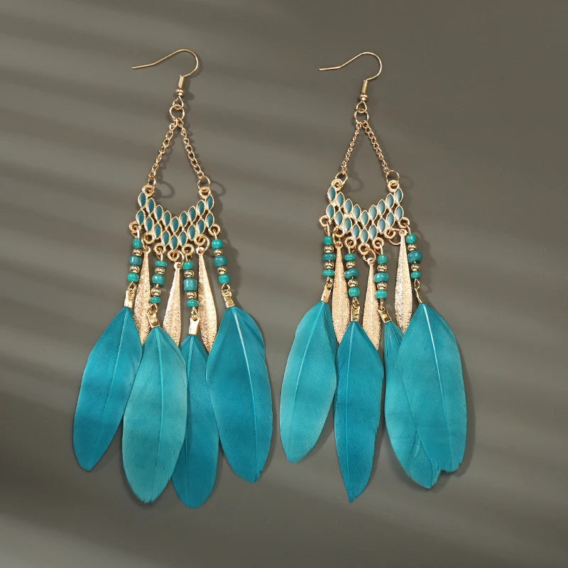 Boho Long Feather Tassel Earrings with Beads & Enamel