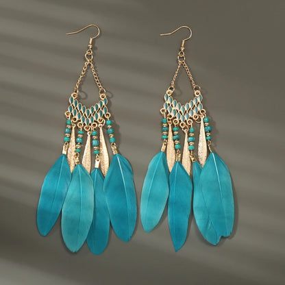 Boho Long Feather Tassel Earrings with Beads & Enamel