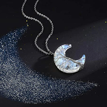 Tree of Life Crescent Moon Pendant – Wire-Wrapped Crystal Necklace