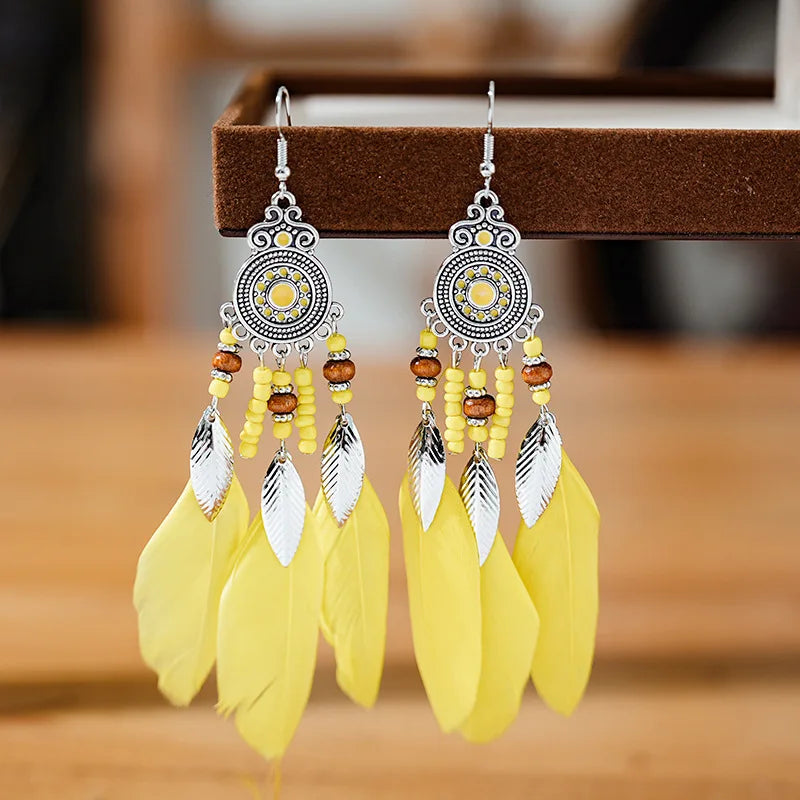 Bohemian Feather Tassel Drop Earrings with Wood Beads