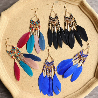 Bohemian Feather Dangle Earrings Long Tassel Colorful Beads