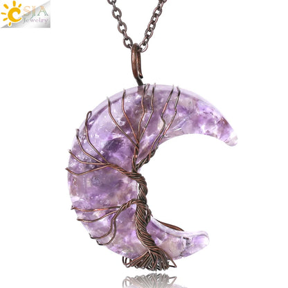 Tree of Life Crescent Moon Pendant – Wire-Wrapped Crystal Necklace