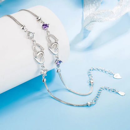 Amethyst Zircon Heart Charm Silver Bracelet