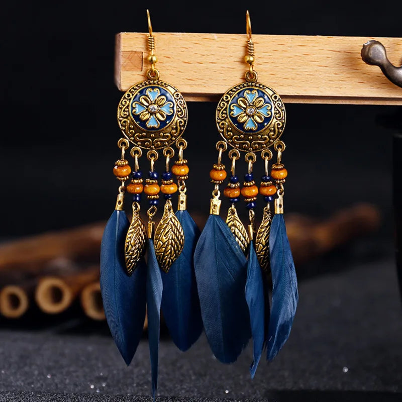 Bohemian Vintage Carved Leaf Feather Tassel Earrings