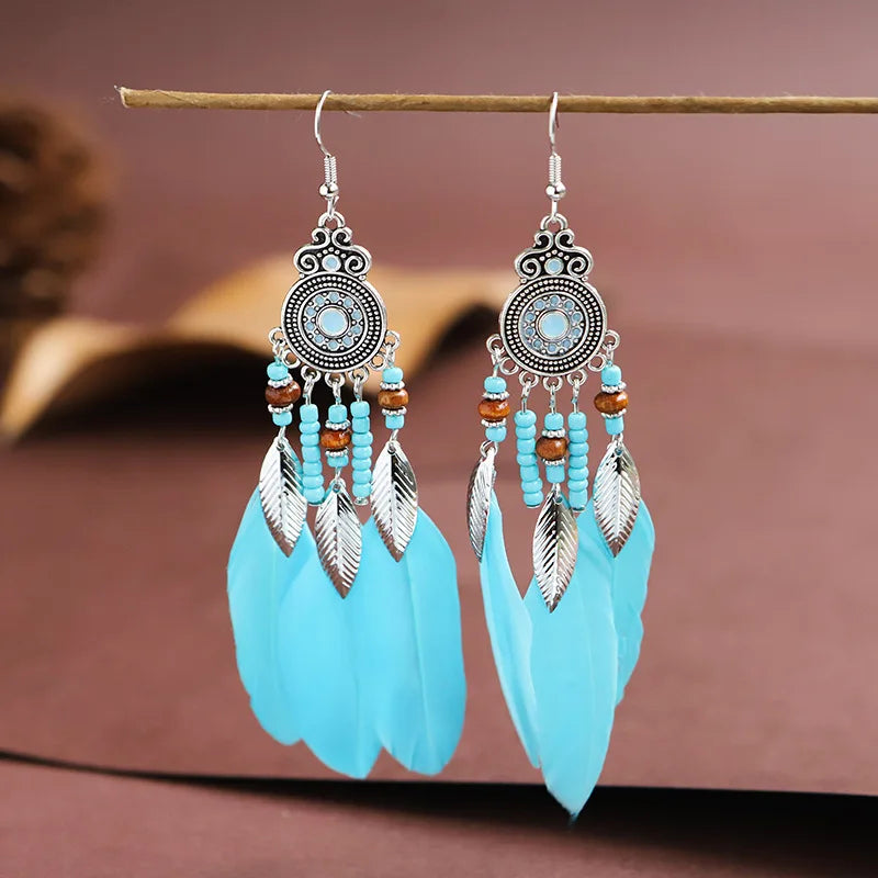 Bohemian Feather Tassel Drop Earrings with Wood Beads