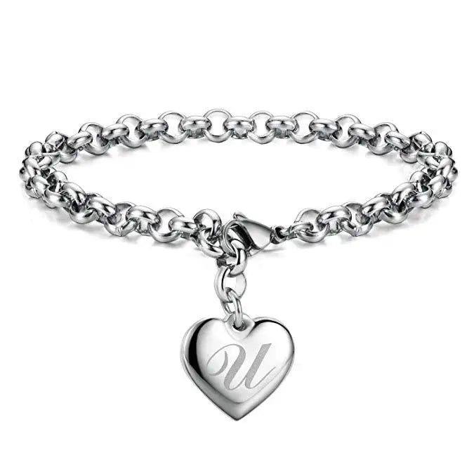 925 Sterling Silver Heart Letter Charm Bracelet for Women