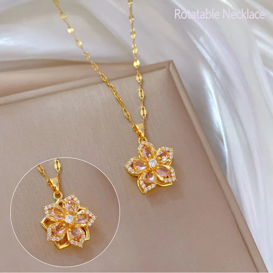 Rotatable Pink Flower Necklace – Gold-Plated TS