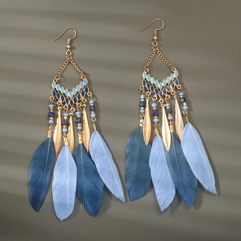 Boho Long Feather Tassel Earrings with Beads & Enamel