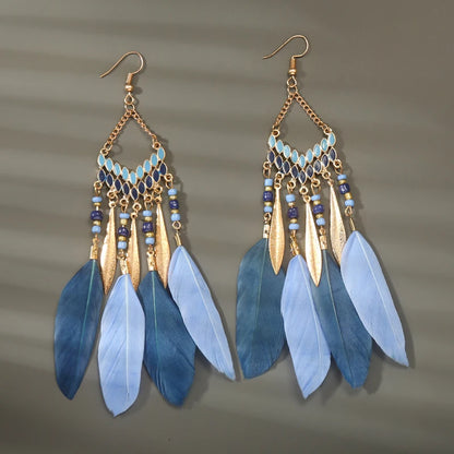Boho Long Feather Tassel Earrings with Beads & Enamel