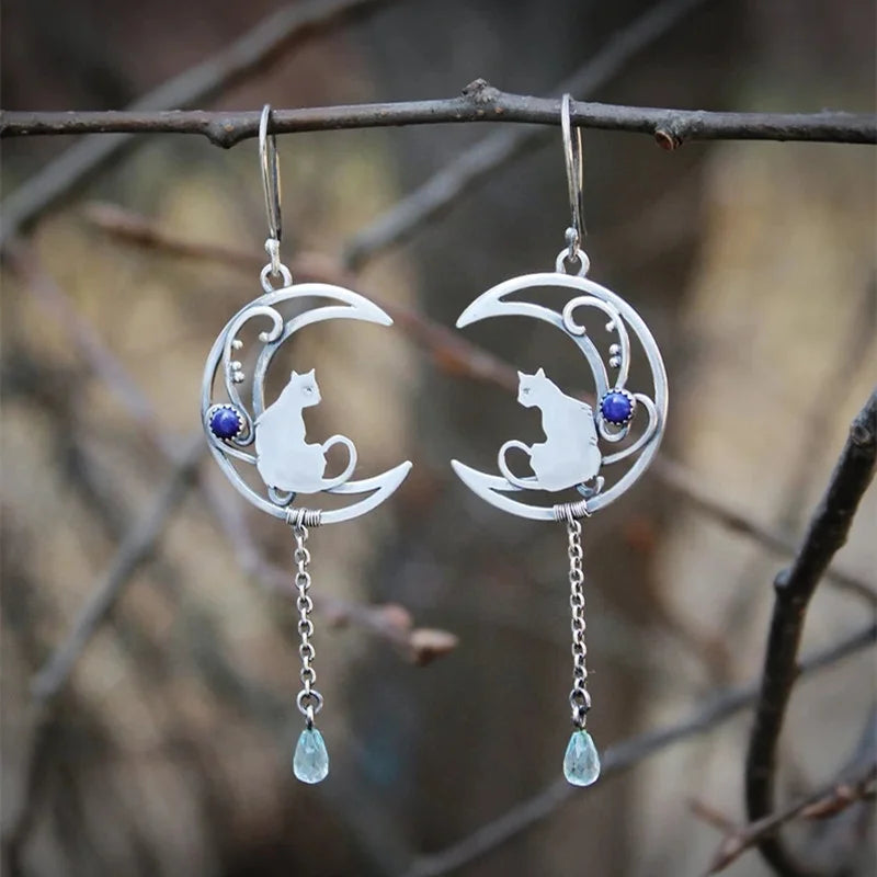 Vintage Silver Cat Crescent Earrings