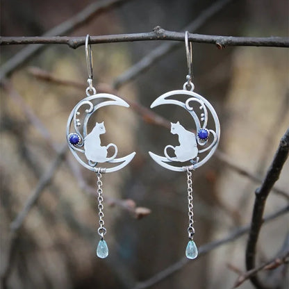 Vintage Silver Cat Crescent Earrings