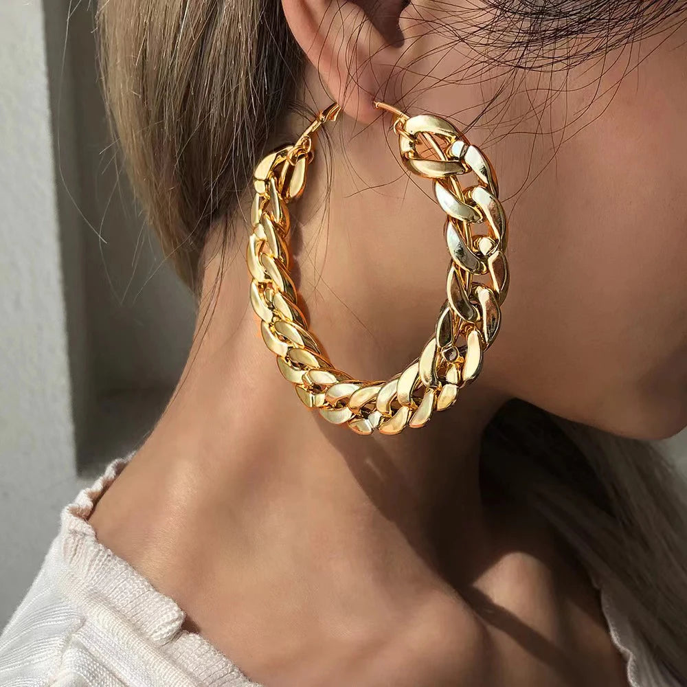 Hoop Earrings – Oversized Gold/Silver Chain-Link Design