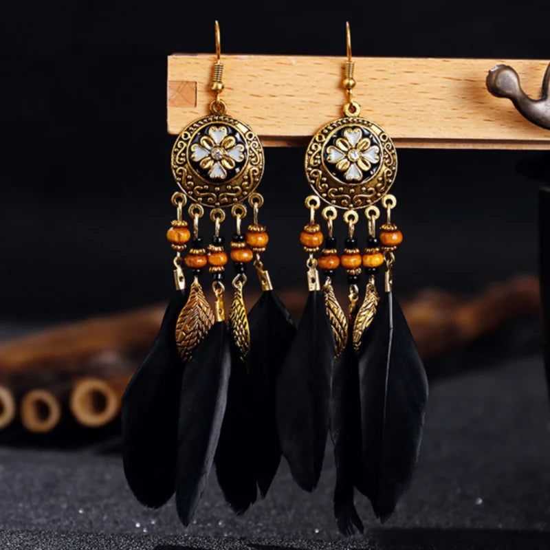 Bohemian Vintage Carved Leaf Feather Tassel Earrings