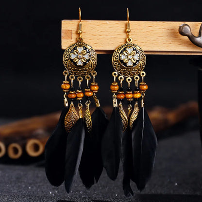 Bohemian Vintage Carved Leaf Feather Tassel Earrings