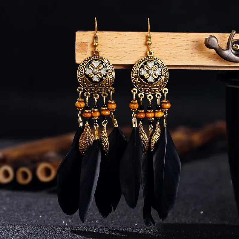 Bohemian Vintage Carved Leaf Feather Tassel Earrings