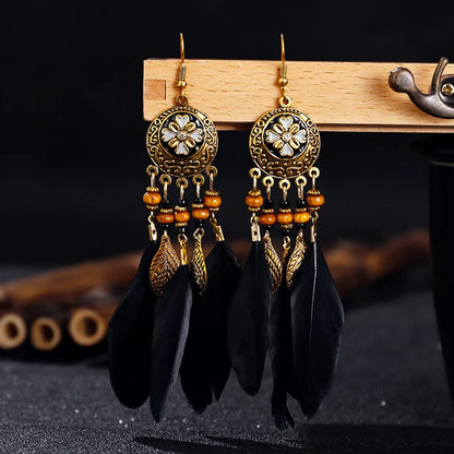 Bohemian Vintage Carved Leaf Feather Tassel Earrings