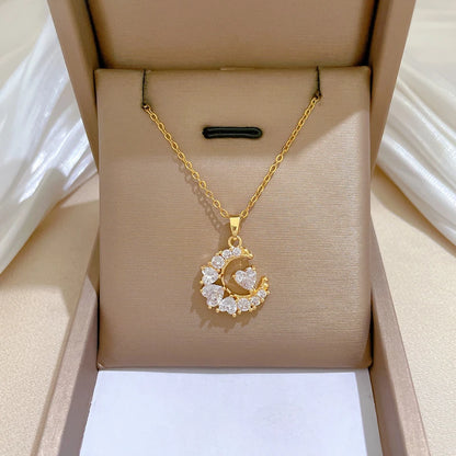 Heart-Studded Moon Pendant Necklace
