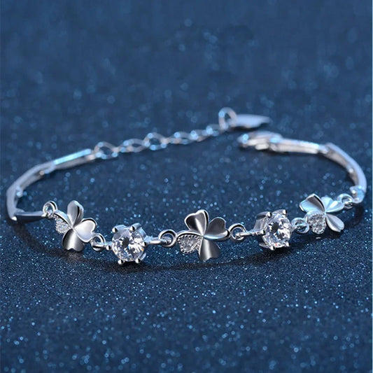 Crystal Clover Silver Bracelet