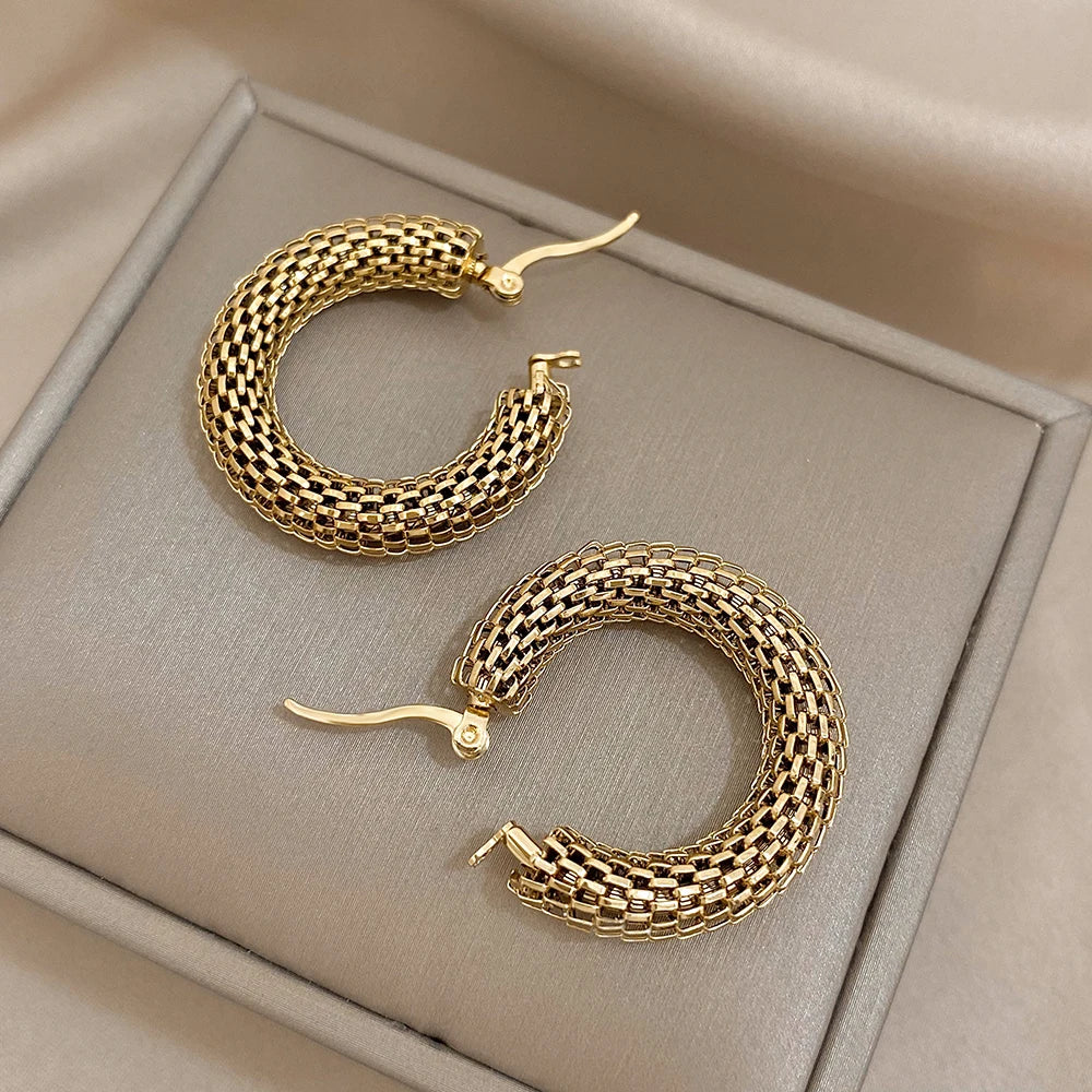 Gold Mesh Round Hoop Earrings