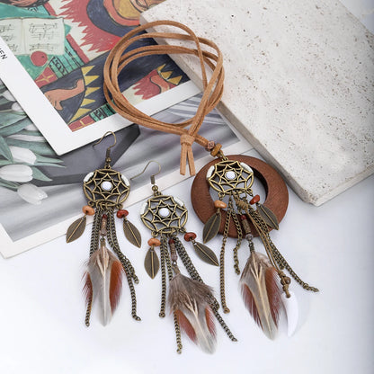 Vintage Boho Feather Tassel Earrings & Leaf Pendant Necklace