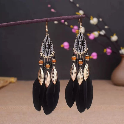 Boho Long Feather Tassel Earrings with Beads & Enamel