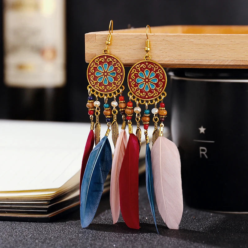 Boho Long Feather Tassel Earrings with Beads & Enamel