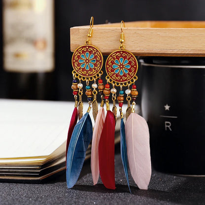 Boho Long Feather Tassel Earrings with Beads & Enamel