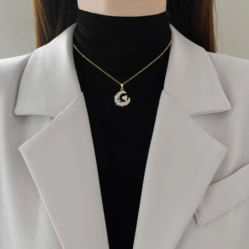 Heart-Studded Moon Pendant Necklace