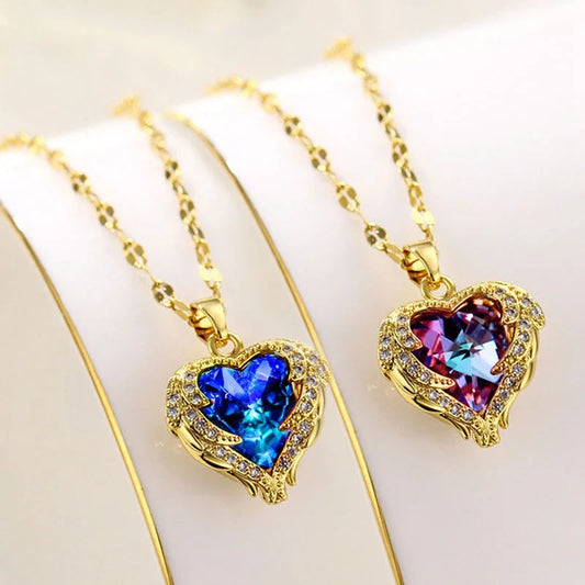 Luxurious Heart Pendant Necklace – Colorful Ocean Crystals on SS Chain