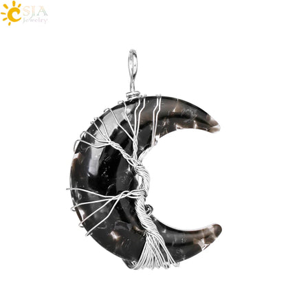 Tree of Life Crescent Moon Pendant – Wire-Wrapped Crystal Necklace