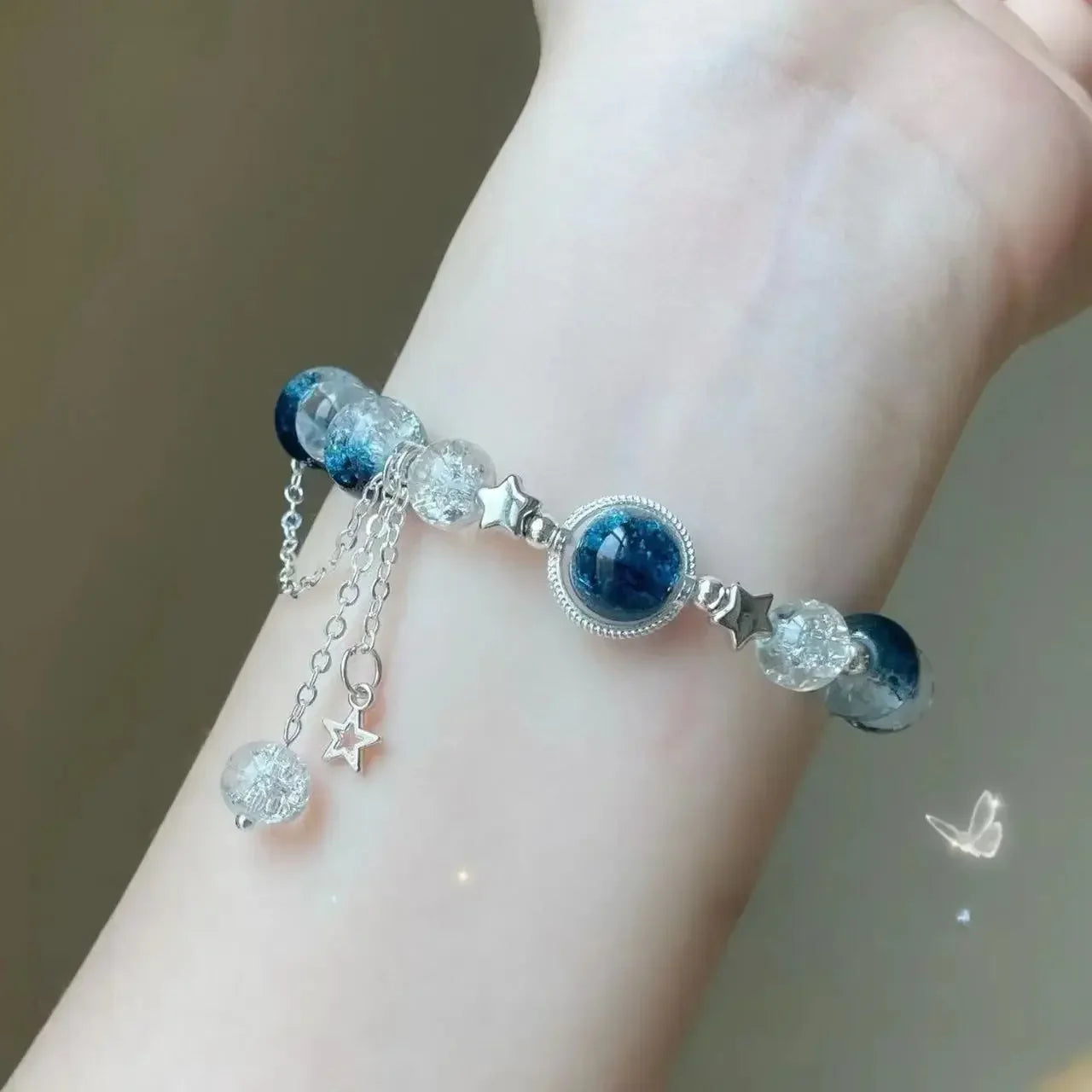 Star Chain Tassel Bracelet – Blue Crystal Beads Elastic Rope