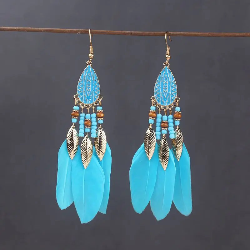 Boho Long Feather Tassel Earrings with Beads & Enamel