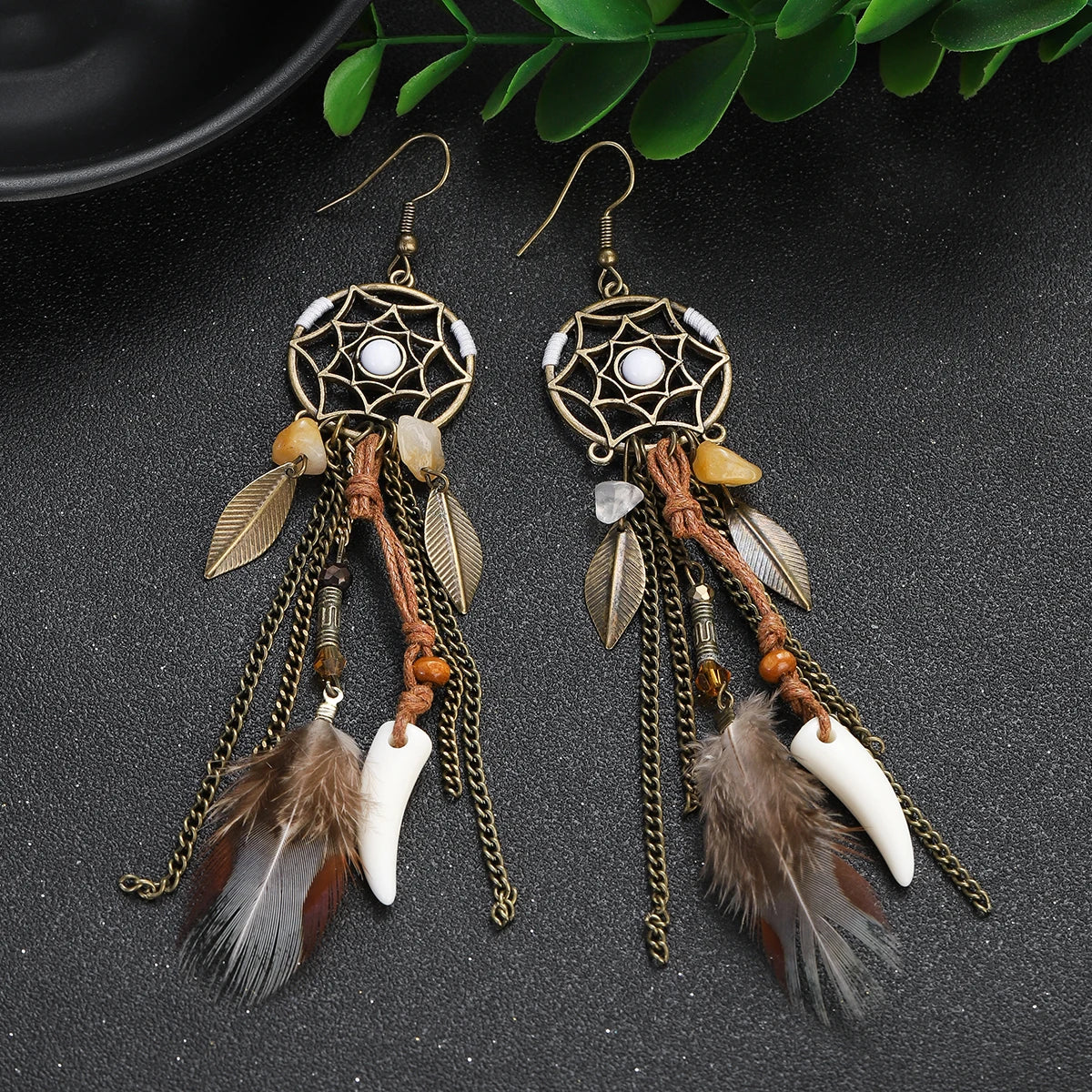 Vintage Boho Feather Tassel Earrings & Leaf Pendant Necklace