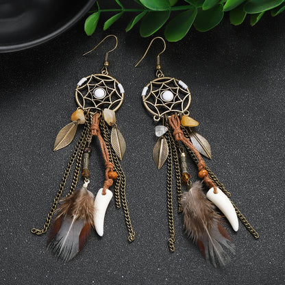 Vintage Boho Feather Tassel Earrings & Leaf Pendant Necklace