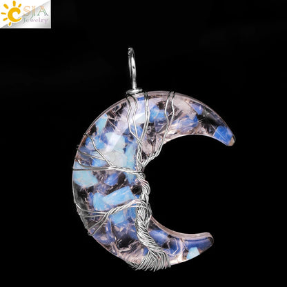 Tree of Life Crescent Moon Pendant – Wire-Wrapped Crystal Necklace