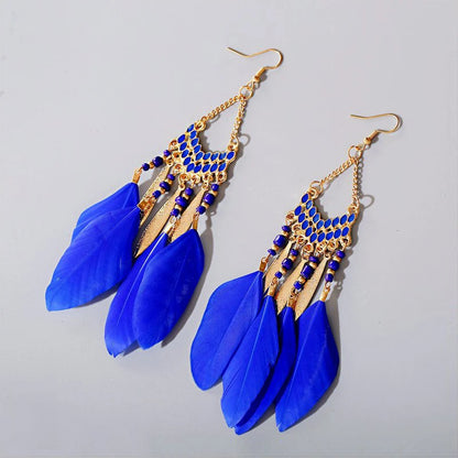 Boho Long Feather Tassel Earrings with Beads & Enamel