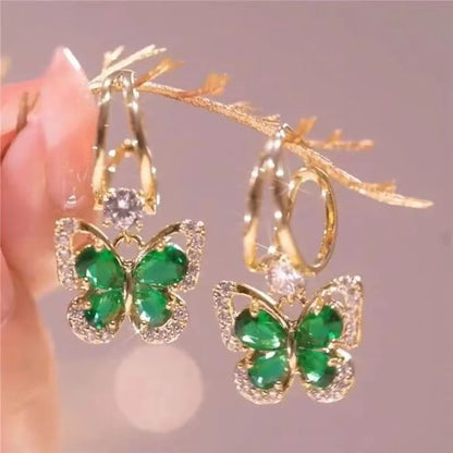 Vintage Green Crystal Butterfly Drop Earrings