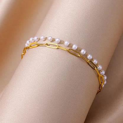 Gold Stainless Steel Imitation Pearl Anklet – Summer Beach Jewelry