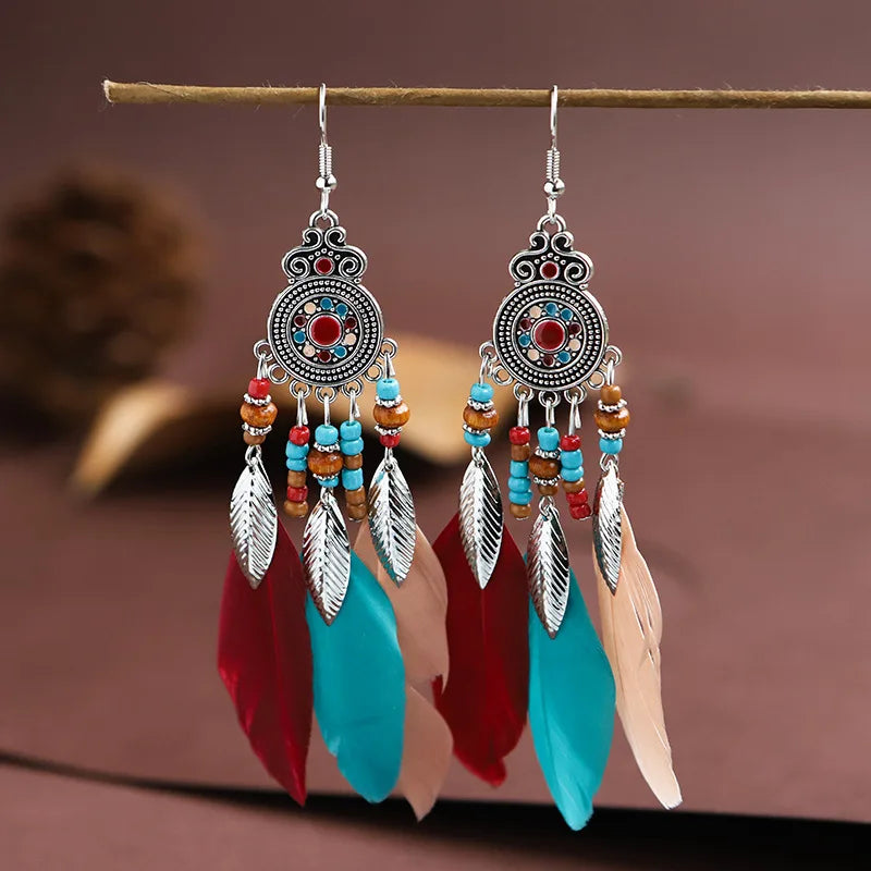 Bohemian Feather Tassel Drop Earrings with Wood Beads