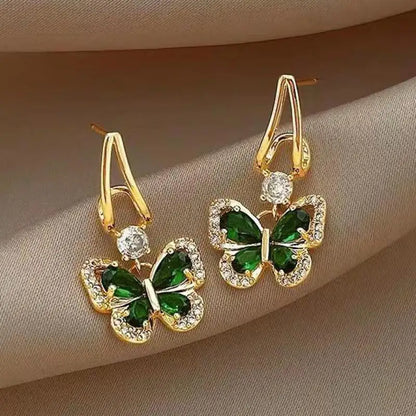 Vintage Green Crystal Butterfly Drop Earrings