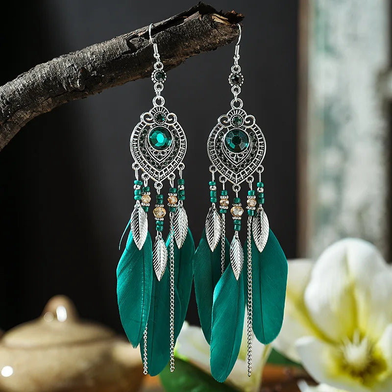 Boho Feather Tassel Earrings – Antique Silver Leaf Drop Earrings