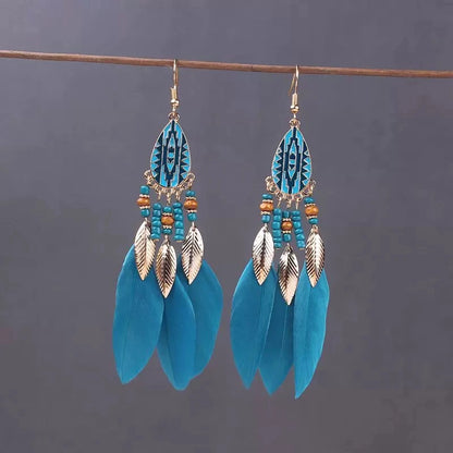 Boho Long Feather Tassel Earrings with Beads & Enamel